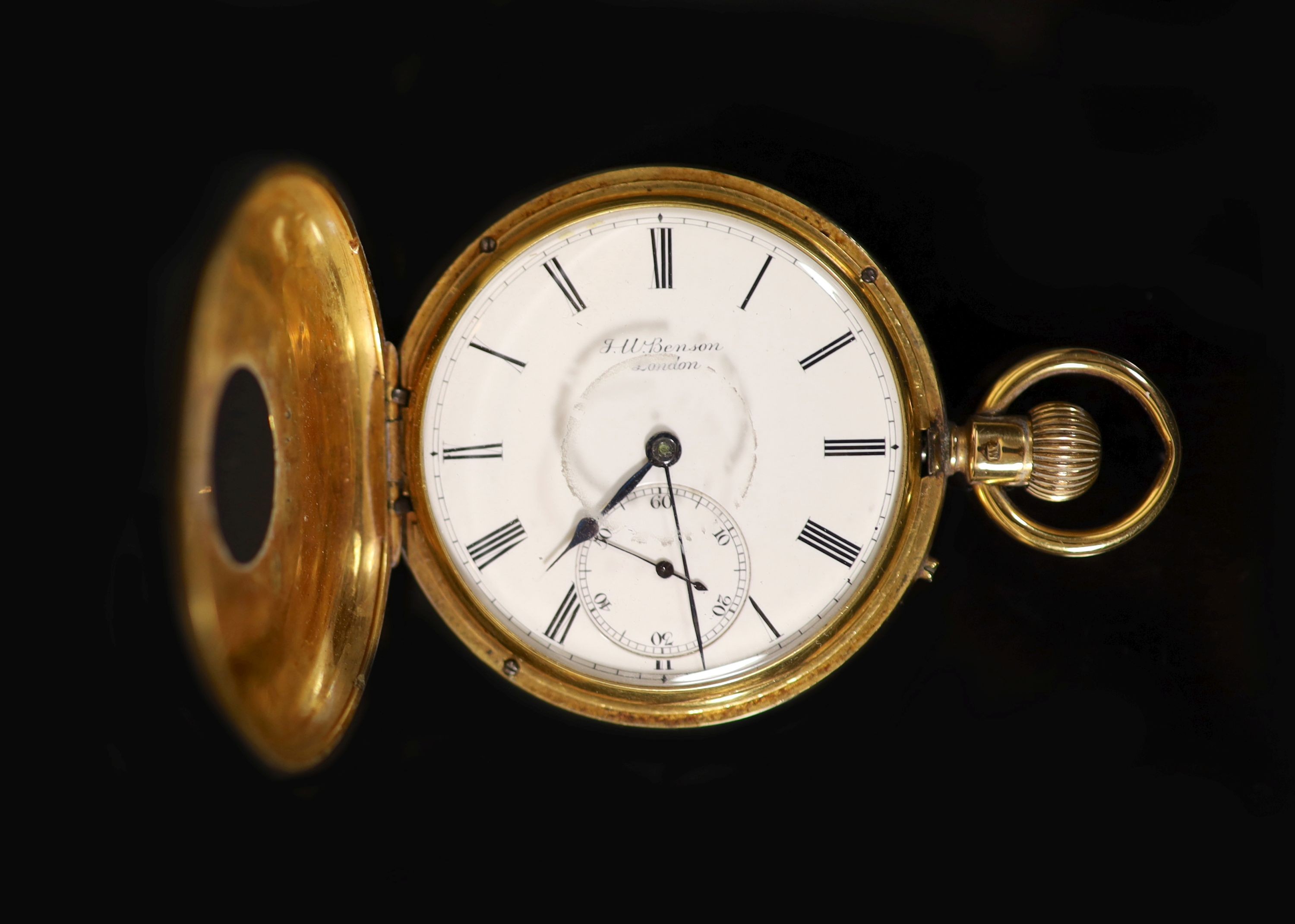 An Edwardian engine turned 18ct gold J.W. Benson, 'The Field Watch', keyless lever half hunter pocket watch